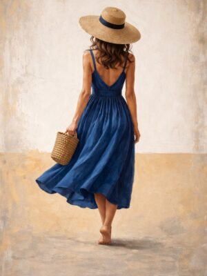 Large blue dress summer woman painting featuring a woman in a flowing blue dress and hat walking in a soft coastal-inspired scene.
