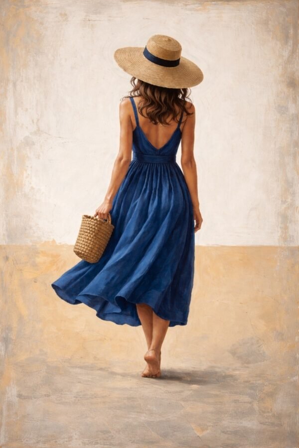 Large blue dress summer woman painting featuring a woman in a flowing blue dress and hat walking in a soft coastal-inspired scene.