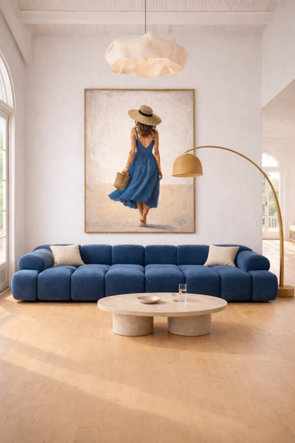 Large Blue Dress Summer Woman Painting – Elegant Coastal Canvas for Modern Luxury Interiors - 48"