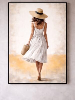 Large neutral summer woman painting displayed in a luxury dining room with a wooden table, white chairs, high black window frames, and warm wooden flooring.