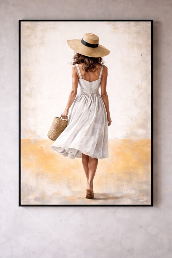Large neutral summer woman painting displayed in a luxury dining room with a wooden table, white chairs, high black window frames, and warm wooden flooring.