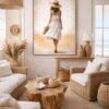 Large Neutral Summer Woman Painting – Elegant White Dress Canvas for Modern Coastal Interiors - 48"
