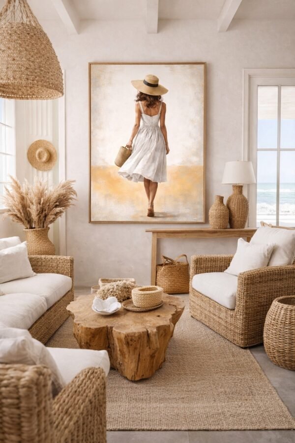 Large Neutral Summer Woman Painting – Elegant White Dress Canvas for Modern Coastal Interiors - 48"