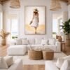 Large Neutral Summer Woman Painting – Elegant White Dress Canvas for Modern Coastal Interiors - 48"