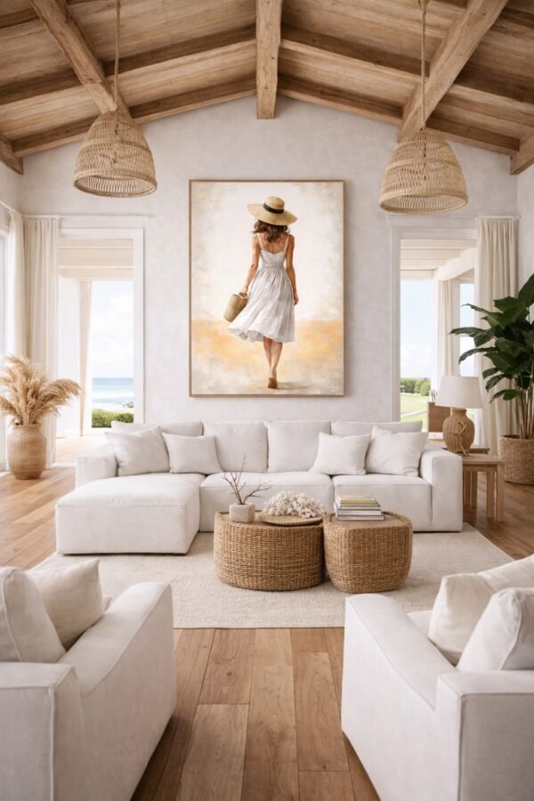 Large Neutral Summer Woman Painting – Elegant White Dress Canvas for Modern Coastal Interiors - 48"