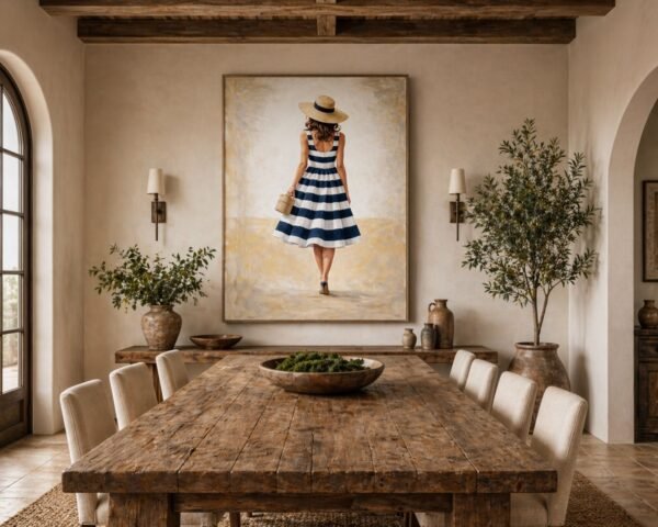 Large Blue Striped Dress Painting – Elegant Feminine Coastal Wall Art for Luxury Interiors - 48"