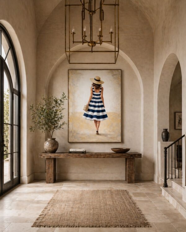 Large Blue Striped Dress Painting – Elegant Feminine Coastal Wall Art for Luxury Interiors - 48"