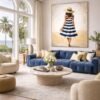 Large Blue Striped Dress Painting – Elegant Feminine Coastal Wall Art for Luxury Interiors - 48"