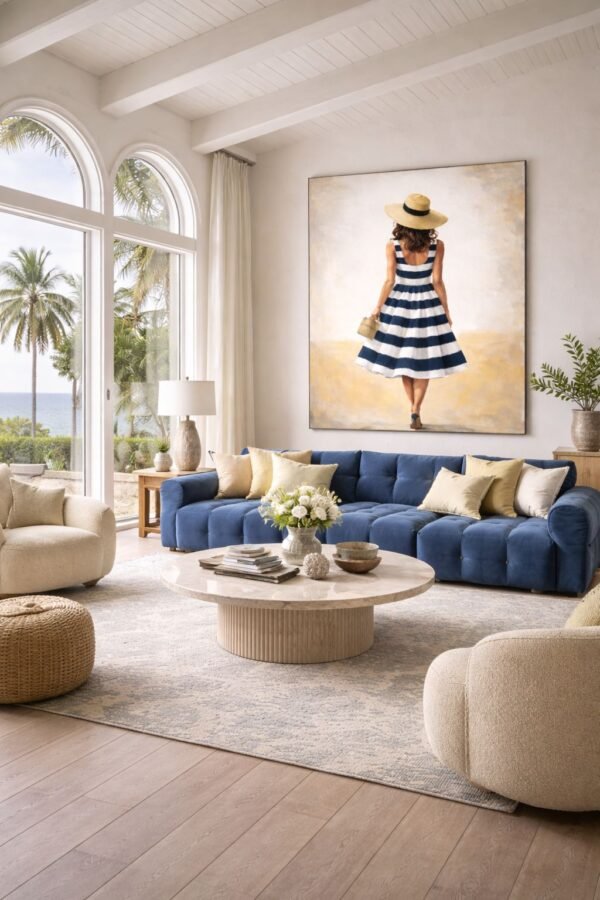 Large Blue Striped Dress Painting – Elegant Feminine Coastal Wall Art for Luxury Interiors - 48"