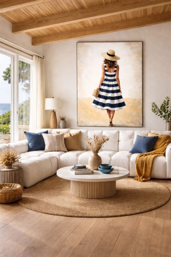 Large Blue Striped Dress Painting – Elegant Feminine Coastal Wall Art for Luxury Interiors - 48"