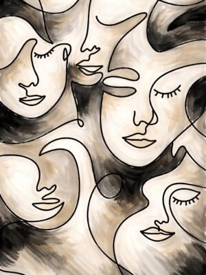 Large Neutral Abstract Faces Painting – Minimalist Beige Line Art Canvas