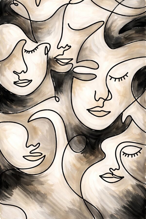 Large Neutral Abstract Faces Painting – Minimalist Beige Line Art Canvas