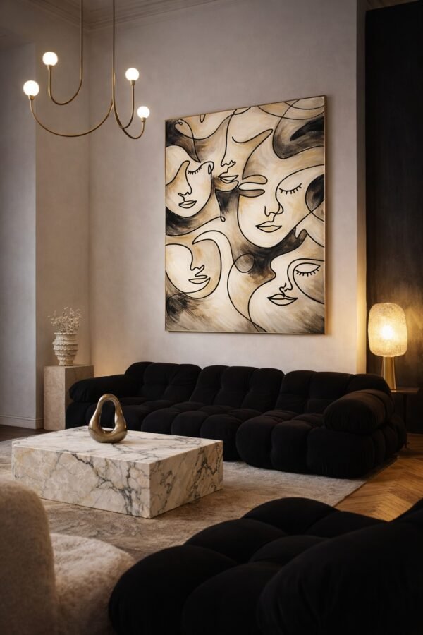 Large Neutral Abstract Faces Painting – Minimalist Beige Line Art Canvas for Modern Luxury Interiors - 48"