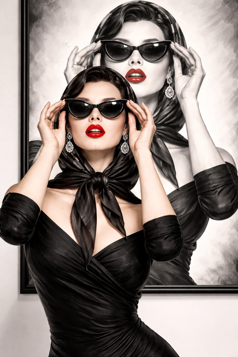 Woman in black headscarf and cat-eye sunglasses with red lipstick, mirror reflection, horizontal paintings for living room