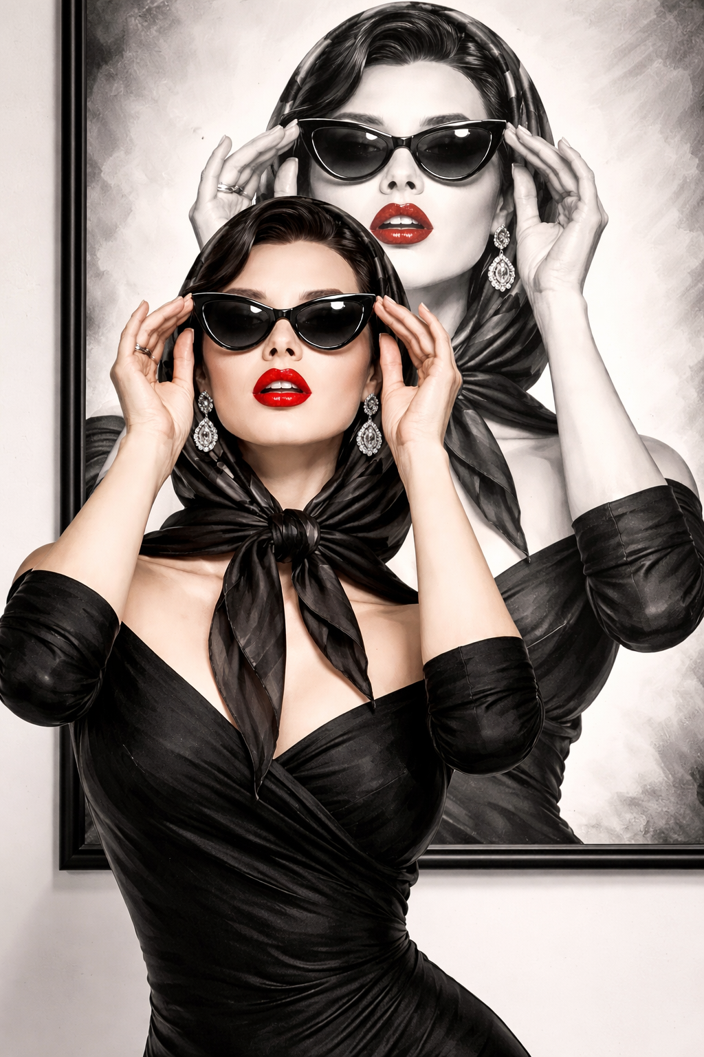 Woman in black headscarf and cat-eye sunglasses with red lipstick, mirror reflection, horizontal paintings for living room
