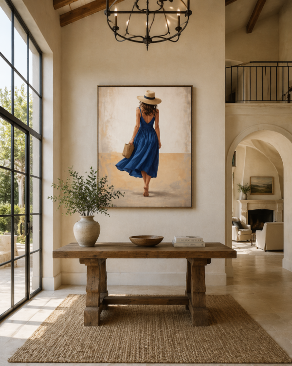 Large Blue Dress Summer Woman Painting – Elegant Coastal Canvas for Modern Luxury Interiors - 48"