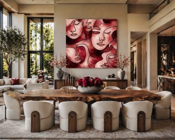 Large Burgundy Abstract Faces Painting – Modern Feminine Portrait Wall Art for Luxury Interiors - 42"