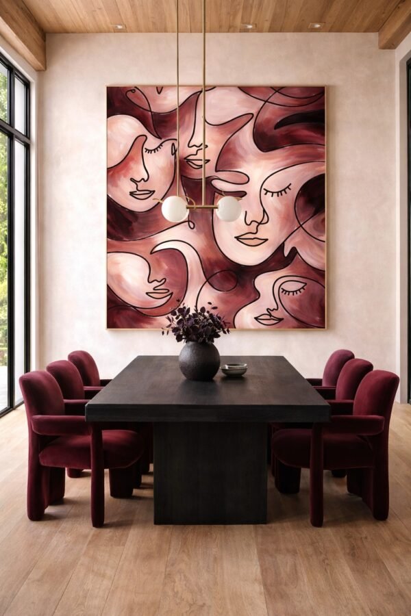 Large Burgundy Abstract Faces Painting – Modern Feminine Portrait Wall Art for Luxury Interiors - 42"