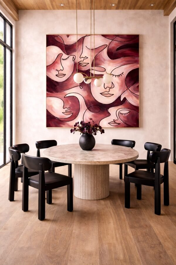 Large Burgundy Abstract Faces Painting – Modern Feminine Portrait Wall Art for Luxury Interiors - 42"