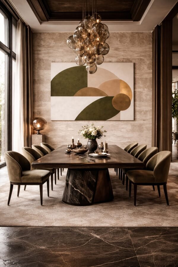 Olive Green Beige Geometric Abstract Painting – Neutral Wall Art with Gold Accent for Modern Interiors - 48"