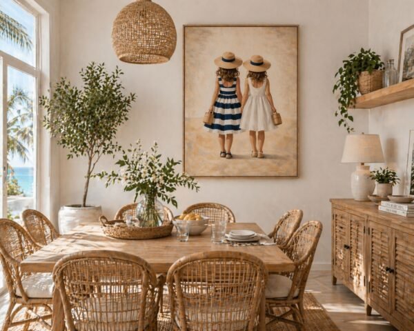 Large Summer Girls Painting – Coastal Feminine Wall Art for Elegant Beach Homes - 42"