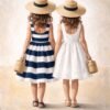 large summer girls painting with blue striped dress coastal feminine wall art for elegant beach homes