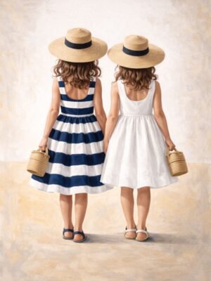 large summer girls painting with blue striped dress coastal feminine wall art for elegant beach homes