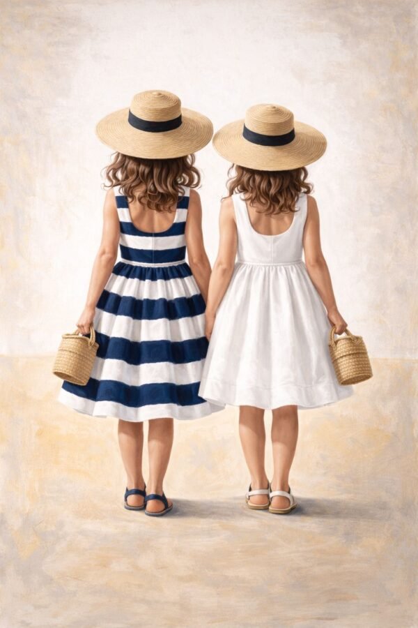 large summer girls painting with blue striped dress coastal feminine wall art for elegant beach homes