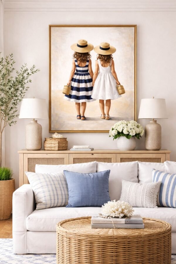 Large Summer Girls Painting – Coastal Feminine Wall Art for Elegant Beach Homes - 42"