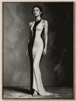 Large black and white fashion portrait canvas featuring a full body feminine figure in an elegant minimalist digital art style, ideal for modern luxury interiors.