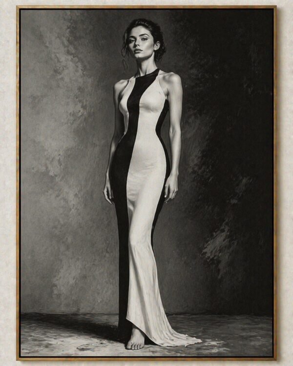 Large black and white fashion portrait canvas featuring a full body feminine figure in an elegant minimalist digital art style, ideal for modern luxury interiors.