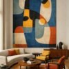 Large Mid-Century Abstract Painting Blue & Orange – Modern Geometric Wall Art Statement for Living - 60" Room