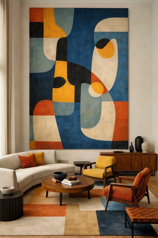 Large Mid-Century Abstract Painting Blue & Orange – Modern Geometric Wall Art Statement for Living - 60" Room