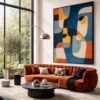 Large Mid-Century Abstract Painting Blue & Orange – Modern Geometric Wall Art Statement for Living - 60" Room