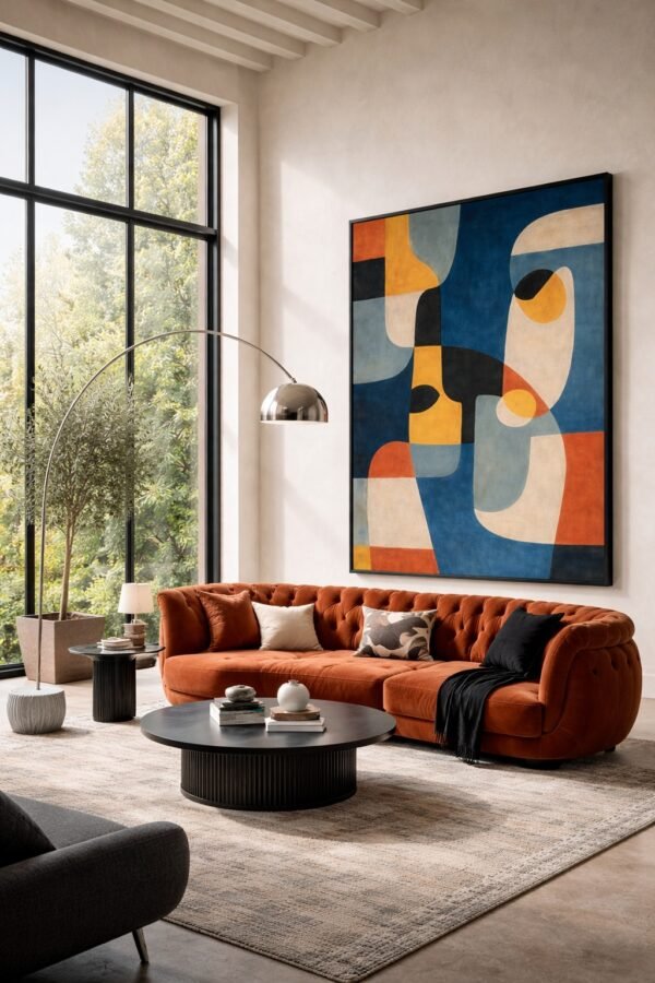 Large Mid-Century Abstract Painting Blue & Orange – Modern Geometric Wall Art Statement for Living - 60" Room