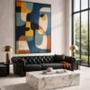 Large Mid-Century Abstract Painting Blue & Orange – Modern Geometric Wall Art Statement for Living - 60" Room
