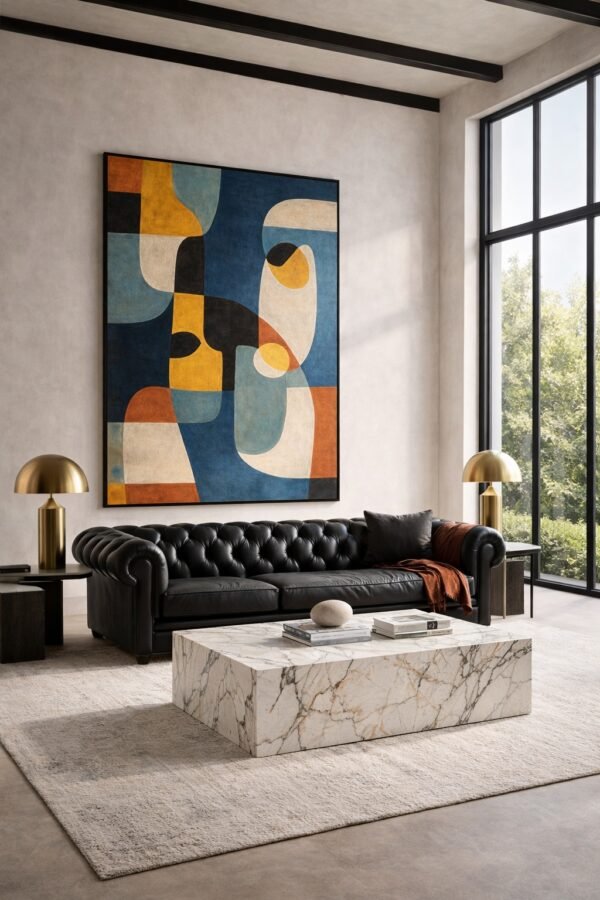 Large Mid-Century Abstract Painting Blue & Orange – Modern Geometric Wall Art Statement for Living - 60" Room