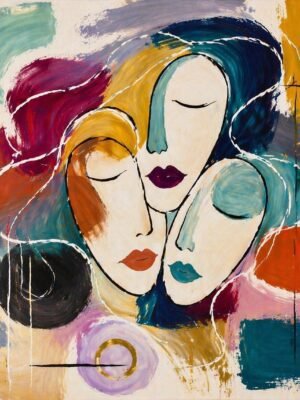 Large colorful abstract oval faces painting with modern feminine portrait in vibrant tones, ideal wall art for luxury living room interiors.