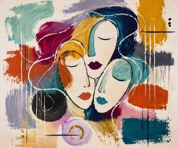 Large colorful abstract oval faces painting with modern feminine portrait in vibrant tones, ideal wall art for luxury living room interiors.