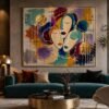 Large Colorful Abstract Oval Faces Painting – Modern Feminine Portrait Wall Art for Luxury Living Room - 42"
