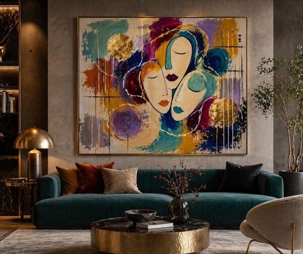 Large Colorful Abstract Oval Faces Painting – Modern Feminine Portrait Wall Art for Luxury Living Room - 42"