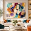 Large Colorful Abstract Oval Faces Painting – Modern Feminine Portrait Wall Art for Luxury Living Room - 42"