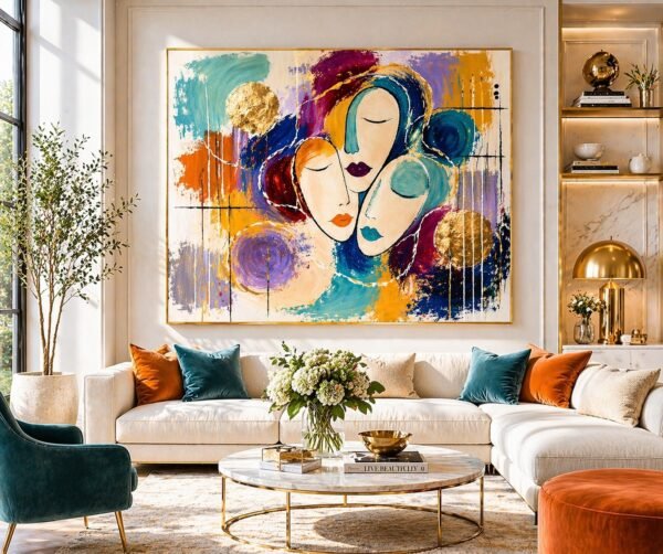 Large Colorful Abstract Oval Faces Painting – Modern Feminine Portrait Wall Art for Luxury Living Room - 42"