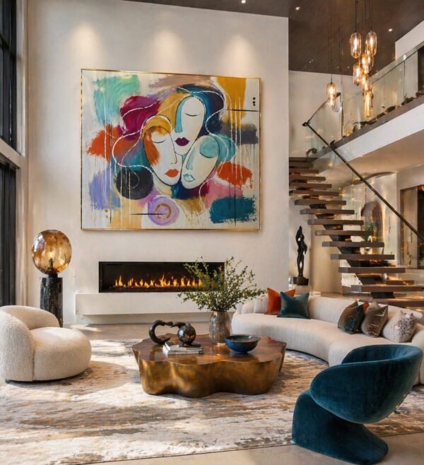 Large Colorful Abstract Oval Faces Painting – Modern Feminine Portrait Wall Art for Luxury Living Room - 42"