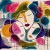 Large colorful abstract faces painting featuring a modern feminine portrait, perfect as statement wall art for luxury living room interiors.