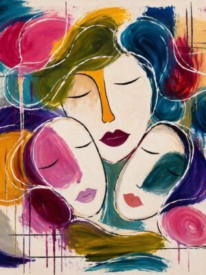 Large colorful abstract faces painting featuring a modern feminine portrait, perfect as statement wall art for luxury living room interiors.