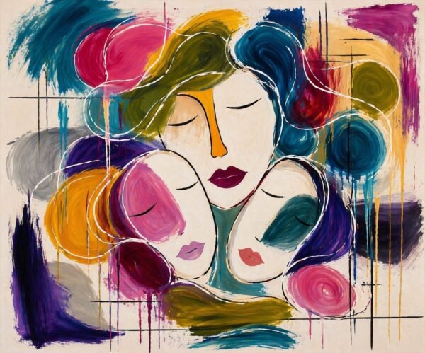 Large colorful abstract faces painting featuring a modern feminine portrait, perfect as statement wall art for luxury living room interiors.