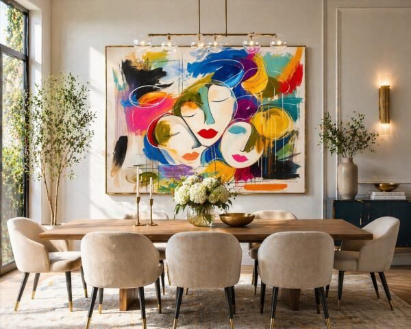 Large Colorful Abstract Faces Painting – Modern Feminine Portrait Wall Art for Luxury Interiors - 48"
