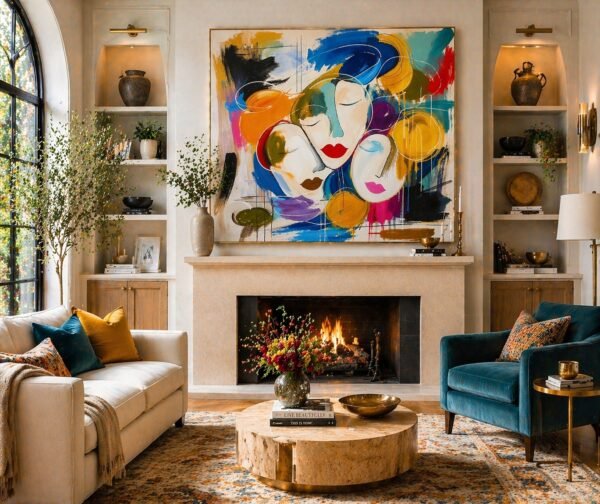 Large Colorful Abstract Faces Painting – Modern Feminine Portrait Wall Art for Luxury Interiors - 48"