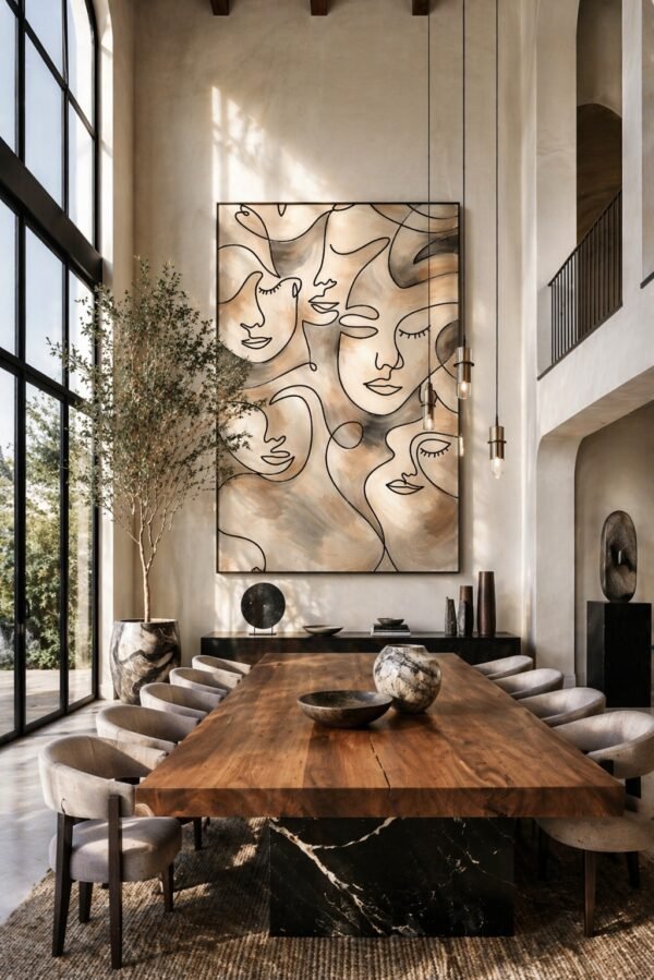 Large Neutral Abstract Faces Painting – Minimalist Beige Line Art Canvas for Modern Luxury Interiors - 48"